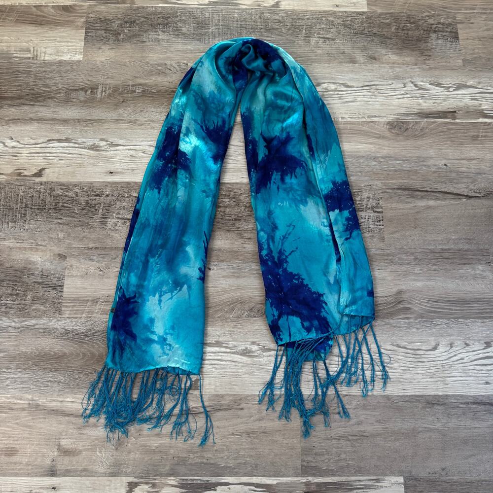 Vintage 100% Silk Blue Aqua Tie Dye Fringe Scarf Boho Resort Wrap